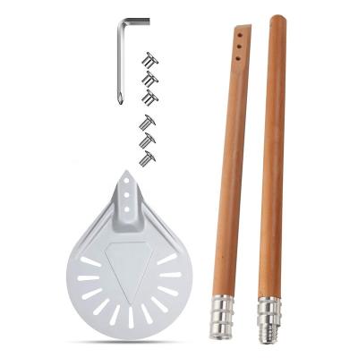 China Factory viable customization anodized perforated paddle metal around aluminum pizza spinner skin with detachable long beech wood handle for sale