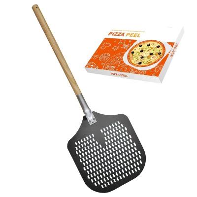 China Viable Flip Shovel Thicken Perforated Hard Perforated Film Anodized Pizza Pizza With Wooden Handle for sale