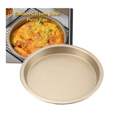 China Sustainable Household Easy Demoulding 8 Inch Carbon Steel Baking Pan Non-Stick Cake Pan Golden Round Pizza Bakeware for sale