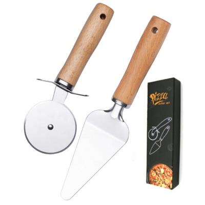 China Durable Durable Stainless Steel Pizza Tools Pizza Cutter And Server Set With Natural Wood Handles for sale