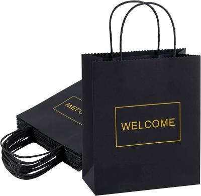 China Wedding Welcome Bags Gold Foil Handmade Kraft Paper Bags With Handle Black Gift Bags For Wedding Party Baby Retail Display for sale