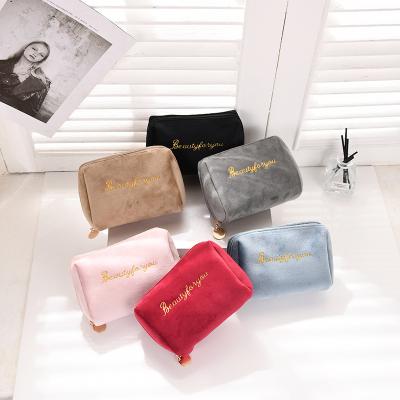 China Fashion zipper flannel embroidery bag double-layer cosmetic storage large capacity bag in stock for sale