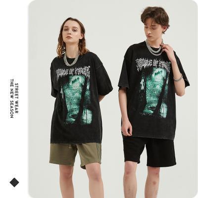 China 2021 New Anti-wrinkle Crew Neck T-shirt Cotton Ghost Forest Couples Casual T-shirt Washed T-shirt for sale