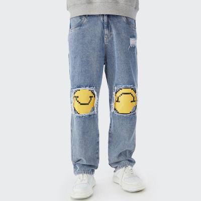 China New Design Breathable Streetwear Wash Straight Smile Face Printing Mens Blue Jeans for sale