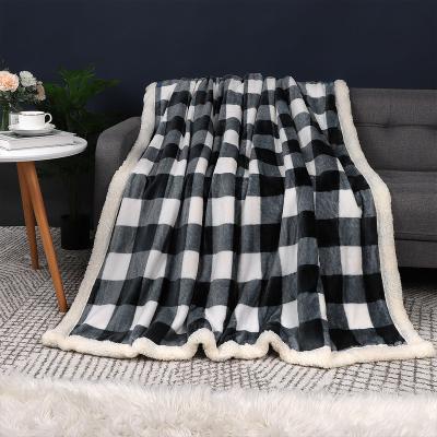 China Flame Retardant Hot Selling  Soft Fuzzy Plush Sherpa Fleece flannel Black White Plaid Throw Blanket for sale