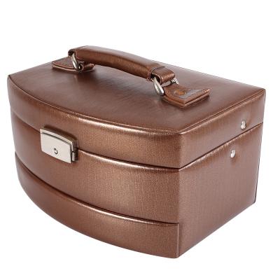 China Handmade High End Luxury Brown Clamshell Hardware PU Jewelry Storage Display Case Folding Jewelry Case for sale