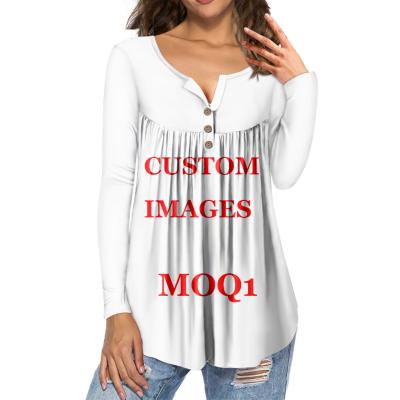 China QUICK DRY Custom Your Own Design/Picture/Logo/Photo/Text 3D Full Print Women Long Sleeve Pleated Shirts Round Neck T Shirts Ladies for sale