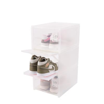 China DIY (Height) Adjustable Rectangle Stacking Transparent Portable Drop Front Organizer Plastic Shoe Box Display Foldable Shoe Tidy Container for sale