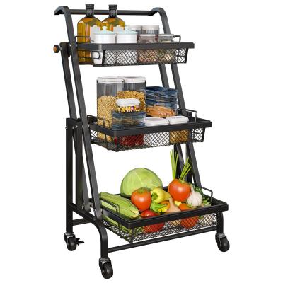 China Minimalist Metal Wire Kitchen Shelf Catering Service Island Cart Folding 3-Layer Trolley Cart Home Service Rolling Organizer for sale