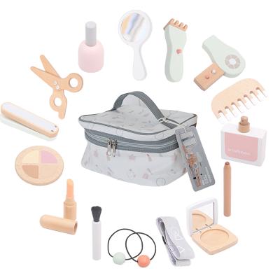 China Children Prepare Hairdressing Toys Dressing Table Hairdressing Kit Wooden Hair Cutting Hair Dryer Set Girl Handbag TL-06w for sale