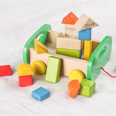 China baby plays building blocks educational toys children color geometry shape matching wooden block cognitive trailer car toys TL-010w for sale