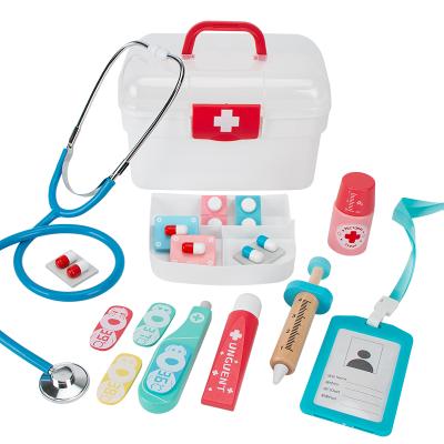 China Fun and early education kids simulation costume durable wooden medicine cabinet dental stethoscope doctor toy for sale