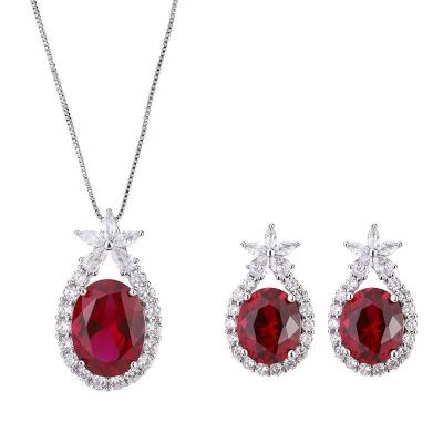 China Iced Out Red Garnet Necklace Earrings Ladies Jewelry Set Christmas Wedding Women Jewelry Sets for sale