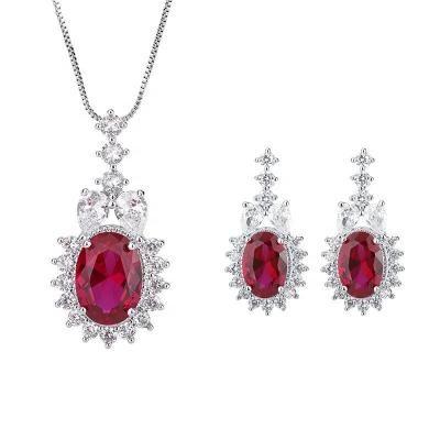 China Iced Out Luxury Jewelry Sest 2021 Garnet Ladies Jewelry Set Wedding Oval Red Statement Costume Jewelry Set for sale