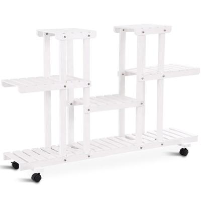 China Breathable Outdoor Rolling 4-Tier Flower Stand Wooden Plant Stand Casters 12 Pots for sale