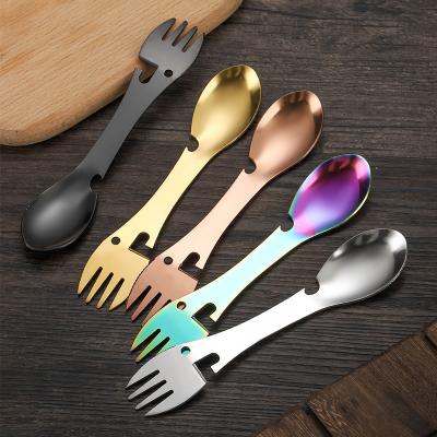 China Viable 5 in 1 Outdoor Multifunctional Stainless Steel Fork Spoon Utensil Travel Picnic Cutlery Bottle Corkscrew Can Opener for sale