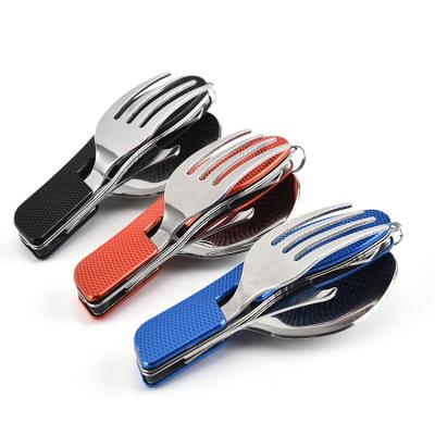 China Metal 4-in-1 Camping Utensils, Portable Stainless Steel Spoon, Fork, Knife and Bottle Opener Travel, Backpacking Cutlery Multitool for sale