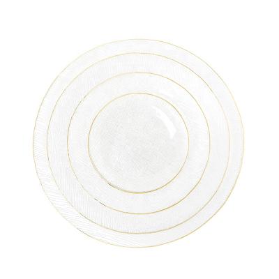 China Wholesale Clear Viable Horizontal Crystal Glass Round Gold Rim Stripes Charger Dish Restaurant Hotels Wedding Decor Dinnerware Set for sale