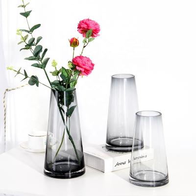 China New Type Modern Eco-friendly Geometry Shape Wedding Party Gold Rim Clear Gray Glass Flower Vases Ornament Home Decor for sale