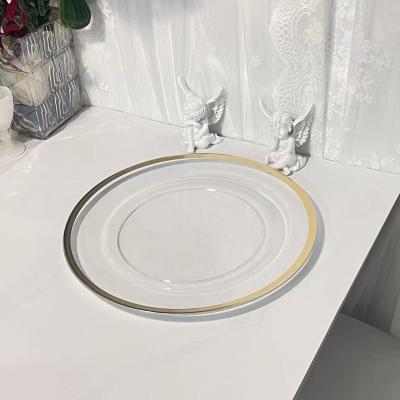 China Disposable HY Wholesale Clear Acrylic 13 Inch Wedding Charger Plates Plastic Gold Edge Rim Round Tableware Dinner Plates for sale