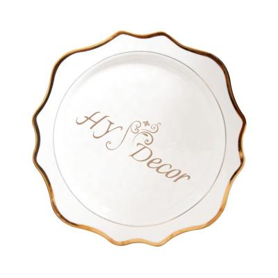 China Disposable HY Wedding Pink White Gold Bone China Dishes Dinner Plates Porcelain Ceramic Charger Plate for Events for sale