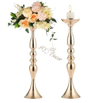 China Modern HY Silver Gold Trumpet Vase Metal Flower Stand Candlesticks Candle Holder Wedding Birthday Party Event Table Decoration for sale