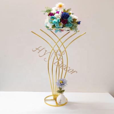 China Romantic Wedding Decoration HY Gold Metal Column Tall Frame Flower Stand Vase Events Wedding Centerpieces Centre De Table Wedding for sale