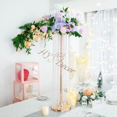 China Romantic Wedding Decoration HY Round Tall Floral Arrangements Table Flower Stand Event Decor Crystal Acrylic Beads Pillar Stand Wedding Centerpiece for sale