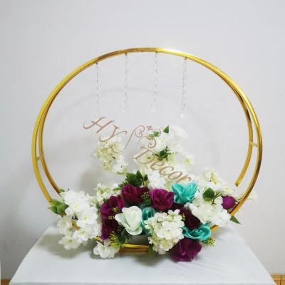 China Romantic Wedding Decoration HY Hanging Acrylic Beads Gold Ring Circle Double Round Vase Anniversary Events Wedding Centerpieces Stand for sale