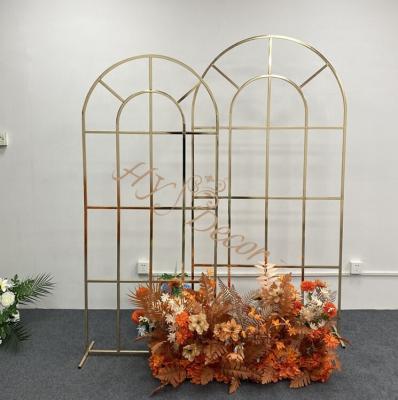 China Romantic Wedding Decoration HY Shinny Gold Background Frame Iron Electroplating Stand Birthday Wedding Arch Backdrop Stand for sale