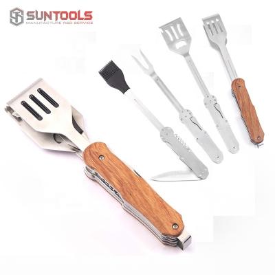 China Easily Cleaned 8 in 1 Multifunctional Portable Outdoor BBQ Tool Kit with Wooden Handle for sale