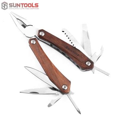 China Portable Tools Pliers Factory Selling Wood Handle Long Nose Pliers Wire Cutter Knife Nail Folder Bottle Opener Screwdriver Multi Tools for sale