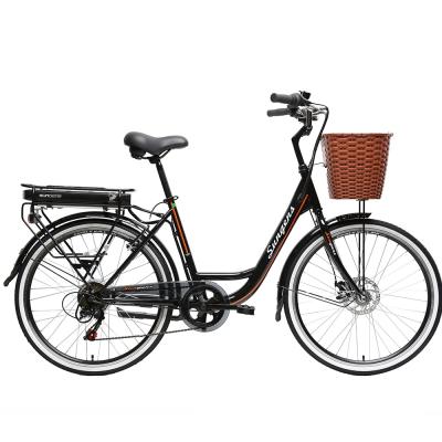 China Steel Electric City Bike Electric Lady Bicycle With Basket for sale