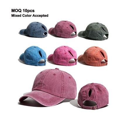 China JOINT Hot Selling Custom Embroidery Washed Cotton 6 Panel Ponytail Dad Hat Baseball Pony Caps for sale