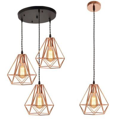 China Modern Residential Industrial Rose Gold Metal Birdcage Pendant Light Diamond Geometry Dining Room Cafe Bar Chandelier for sale