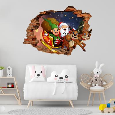 China Santa Claus Elk Wall Stickers Children's Wall Mural 3D Wall Room Living Room Christmas Decoration Wallpaper Children's Gift Broken Cartoon Self-adhesive Waterproof Removable for sale