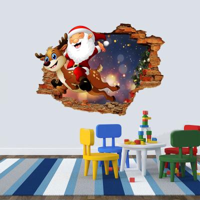 China Cartoon Santa Claus Elk 3D Self Adhesive Waterproof Removable Broken Wall Stickers for Kids Gift Living Room Kids Room Christmas Decoration Mural Wallpaper for sale