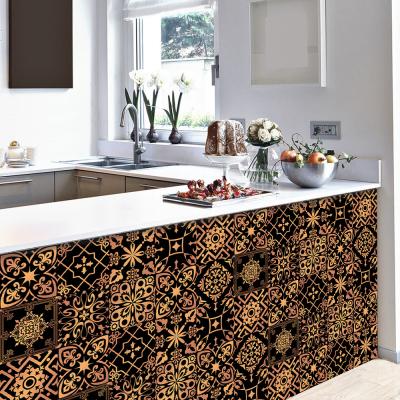 China Retro Black Gold Tile Self Adhesive Sticker Kitchen Bathroom Decoration Removable Waterproof Wall Stickers Waterproof PVC Oilproof Wallpaper for sale