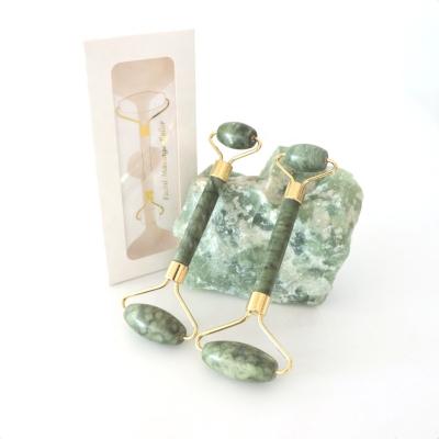 China Portable/Cool/Comfortable Quiet Natural Green Jade Skin Care Roller Private Label Jade Roller Dual Massage Gua Rollers/Sha Facial Set With Box for sale