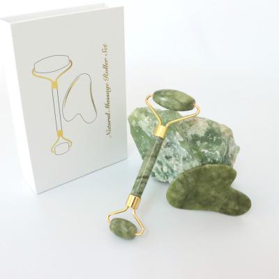 China Custom Logo Natural Nephrite Facial Massager Green Jade Face Roller and Gua Sha Set for sale