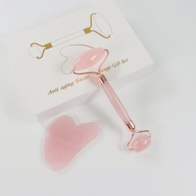 China Custom face lift custom logo contour flawless facial massager rose quartz jade roller gua sha set for face for sale