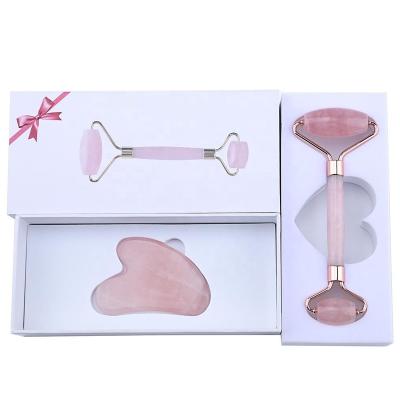 China Double rollers/portable/cool/comfortable natural rose quartz rose jade massage roller stone facial guasha set for face for sale