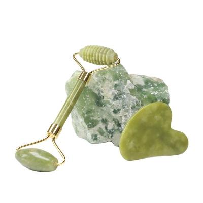 China Double rollers/portable/cool/comfortable nephrite jade facial green xiuyan roller with gua sha with box for sale