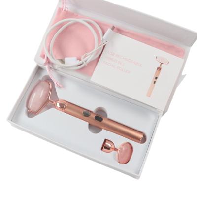 China New Face Massager Vibrating Quartz 2 In 1 Electric Vibrate Face Jade USB Facial Roller for sale