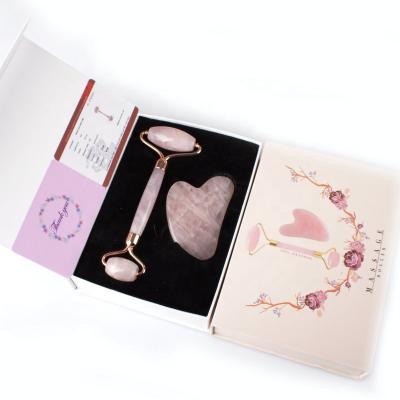 China Face natura rose private label skin massage face rose quartz jade roller gua sha set for face for sale