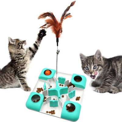 China Hot Sales Stocked 2 in 1 Cat Teaser Funny Cat Stick Toy with Feather Interactive Snack Bowl Toy for sale