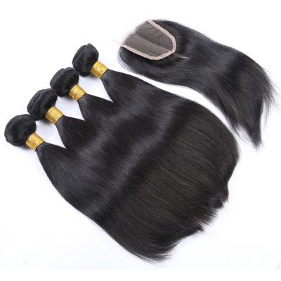 China Natural Wave 8A Remy Straight Human Hair Extensions 3 Bundles/4 Bundles With Lace Closure Straight Hair Weave Bundles (4x4) for sale