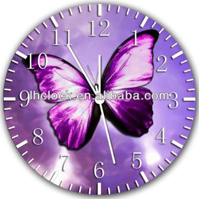 China New Purple Butterfly Glass Wall Clock for sale