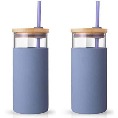 China PURPLESEVEN Viable 20 Ounce Borosilicate Glass Water Bottle Silicone Protective Sleeve Glass Tumbler Cup With Bamboo Lid for sale