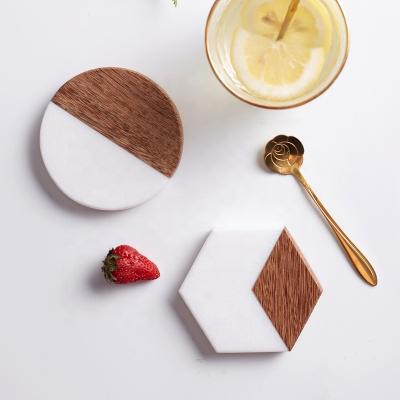 China Wooden Marble Hexagon Shape Round Table Viable Decor Wooden Tea Cup Coaster For Drinks for sale